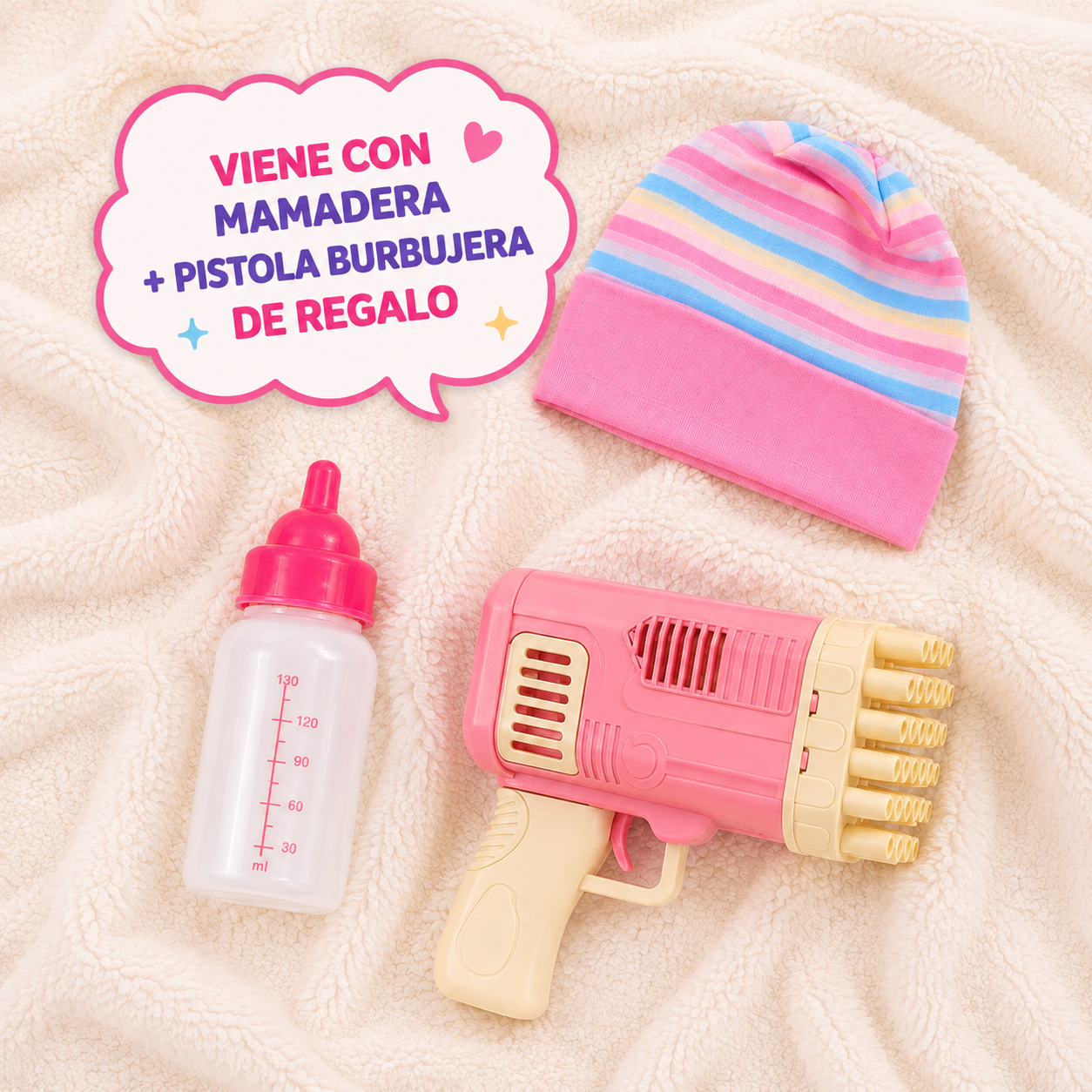 Bebota Tiny Baby 32 cm con Sonidos + Mamadera y Pistola Burbujera de Regalo