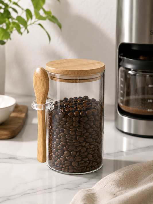 Frasco de Vidrio con Tapa de Bambú y Cuchara 1000 ml | Conservación Hermética y Organización para tu Cocina