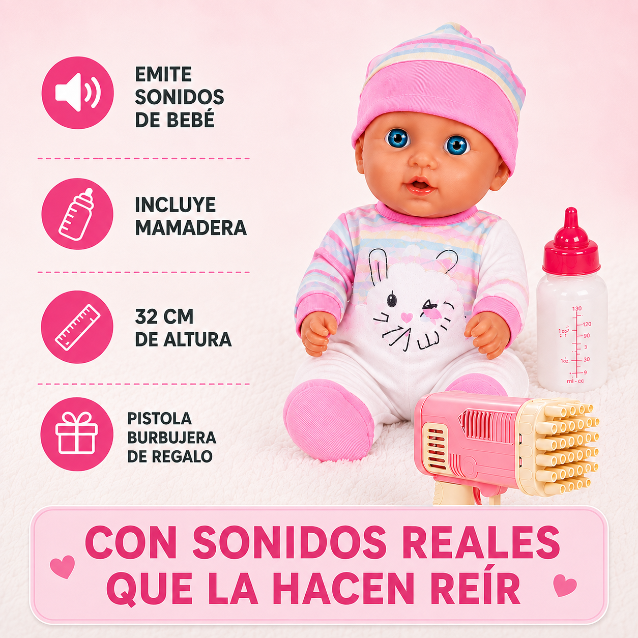 Bebota Tiny Baby 32 cm con Sonidos + Mamadera y Pistola Burbujera de Regalo