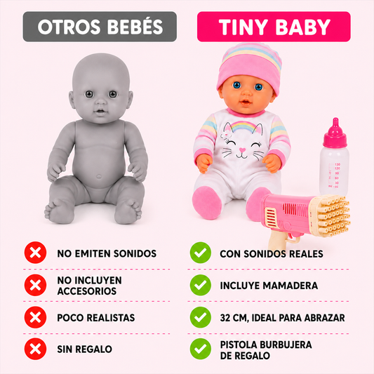 Bebota Tiny Baby 32 cm con Sonidos + Mamadera y Pistola Burbujera de Regalo