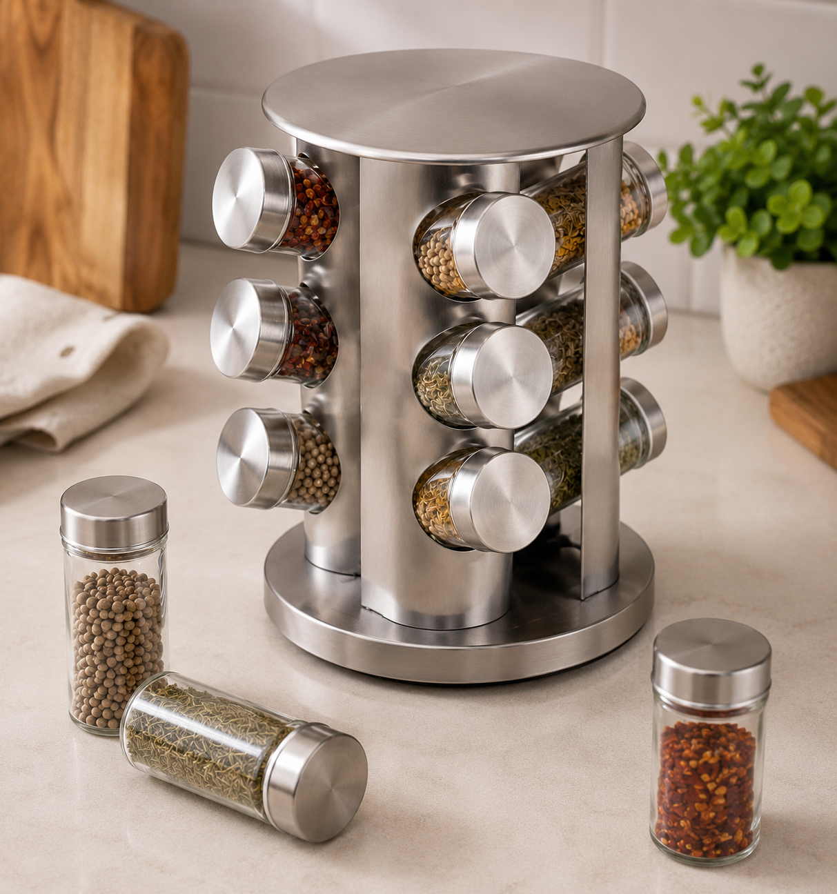 Especiero Giratorio Premium con 12 Frascos de Vidrio | Organización y Estilo para tu Cocina