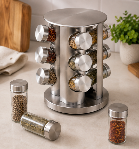 Especiero Giratorio Premium con 12 Frascos de Vidrio | Organización y Estilo para tu Cocina
