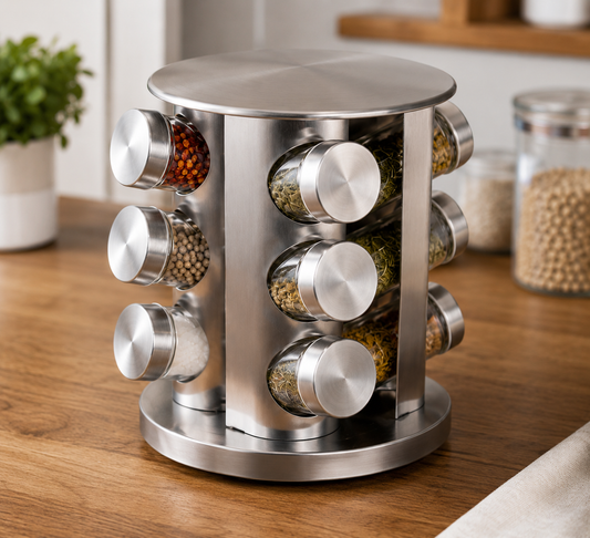 Especiero Giratorio Premium con 12 Frascos de Vidrio | Organización y Estilo para tu Cocina
