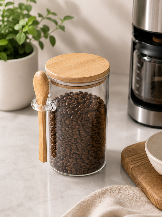 Frasco de Vidrio con Tapa de Bambú y Cuchara 1000 ml | Conservación Hermética y Organización para tu Cocina
