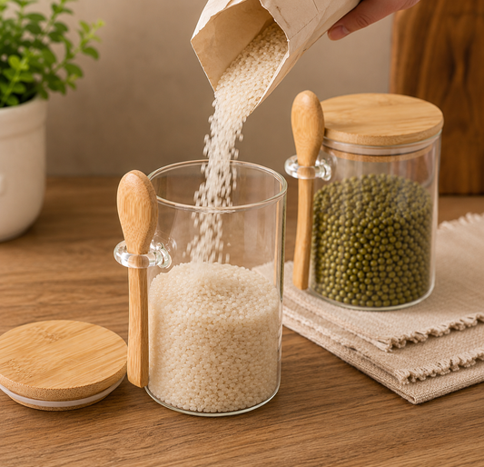 Azucarera de Vidrio con Tapa de Bambú y Cuchara 600 ml | Elegancia y Practicidad para tu Cocina