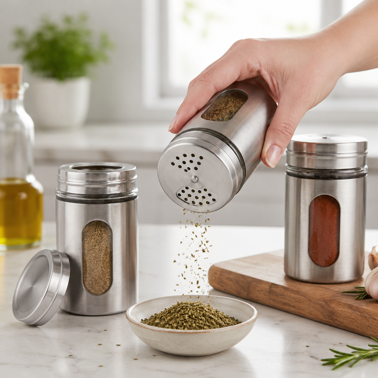 Especiero de Vidrio con Tapa Giratoria de Acero Inoxidable | Elegancia y Organización para tu Cocina