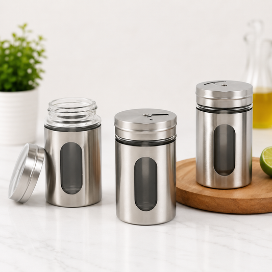 Especiero de Vidrio con Tapa Giratoria de Acero Inoxidable | Elegancia y Organización para tu Cocina