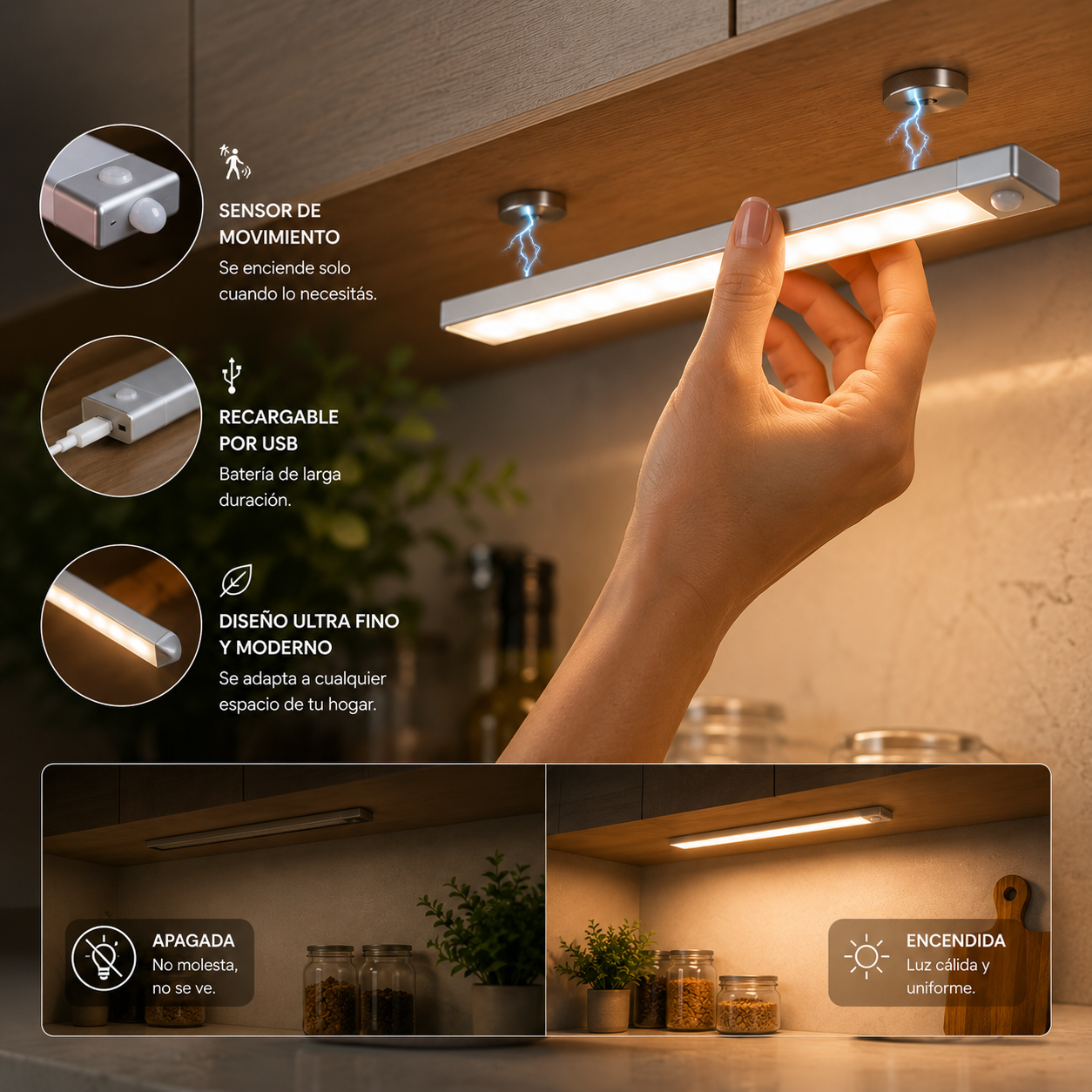 Luz LED Inteligente con Sensor de Movimiento | Recargable USB 50 cm