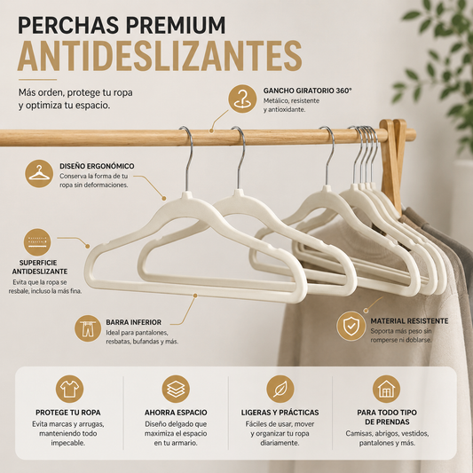 Perchas Aterciopeladas Antideslizantes Premium | Más Orden y Cuidado para tu Ropa