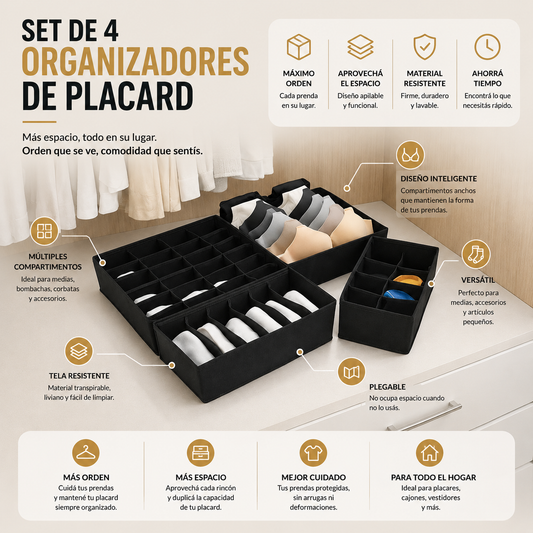 Set de 4 Organizadores de Placard Premium | Orden Inteligente para Cajones y Ropa